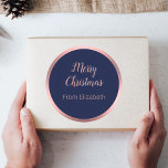 Merry Christmas Script Name Dark Blue & Rose Gold Classic Round Sticker<br><div class="desc">This dark blue Christmas sticker says Merry Christmas is an elegant script. Additional non-script text is below the script. You can edit the non-script text to show your name or a personalised message. The rose gold border is not made of foil.</div>