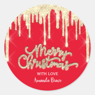 Merry Christmas Script Name Drips Red Gold Classic Round Sticker