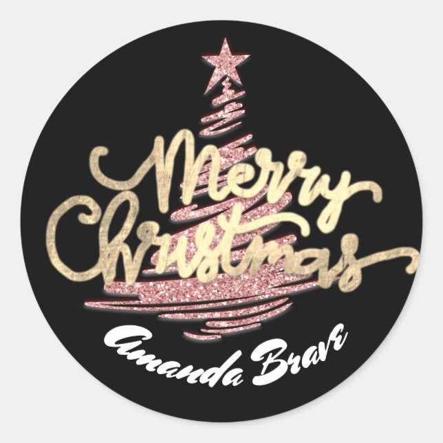 Merry Christmas Script Name Gold Rose White  Classic Round Sticker (Front)