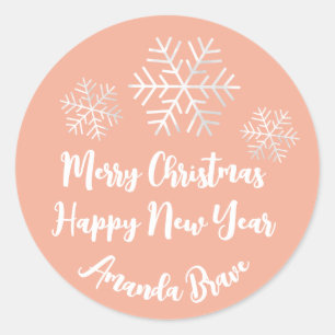 Merry Christmas  Script Name Snowflake Grey Peach Classic Round Sticker