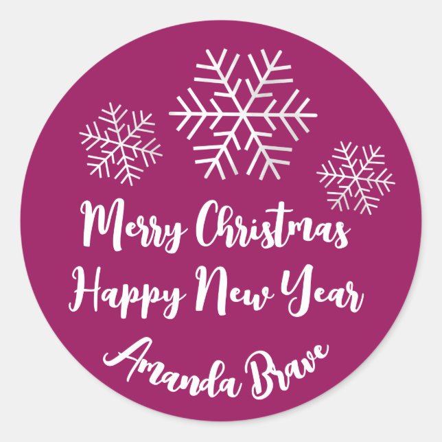 Merry Christmas  Script Name Snowflake Grey Pink Classic Round Sticker (Front)