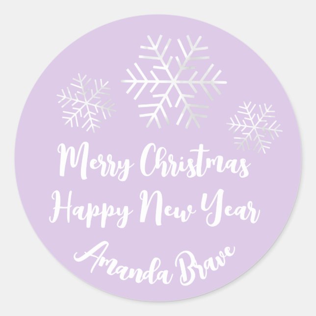 Merry Christmas  Script Name Snowflake Grey Purple Classic Round Sticker (Front)