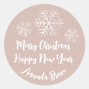 Merry Christmas  Script Name Snowflake Grey Rose Classic Round Sticker