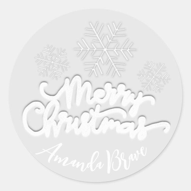 Merry Christmas  Script Name Snowflakes White Grey Classic Round Sticker (Front)