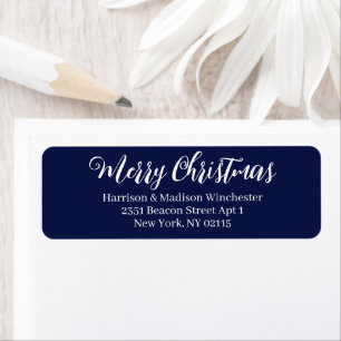 Merry Christmas script navy blue Return Address