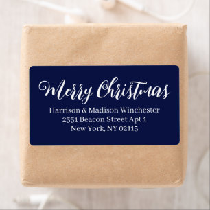 Merry Christmas script Navy blue white address