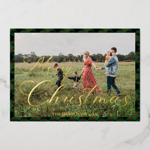 Merry Christmas Script Navy Plaid Photo Holiday