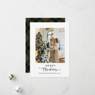Merry Christmas Script Navy Plaid Tartan Photo  Holiday Card