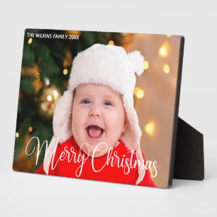 Merry Christmas Script Overlay Chic Baby Photo Plaque