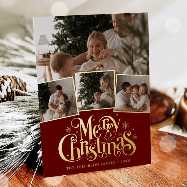 Merry Christmas Script Photo Collage Foil Holiday Card (Creator Uploaded)