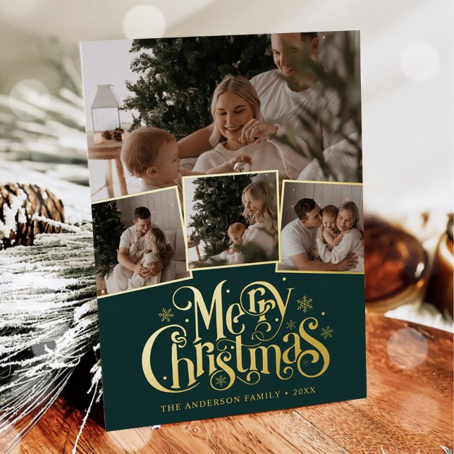 Merry Christmas Script Photo Collage Foil Holiday Card (Creator Uploaded)