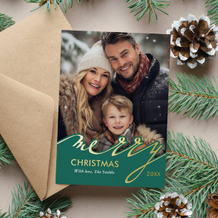 Merry Christmas Script Photo Foil Holiday Card