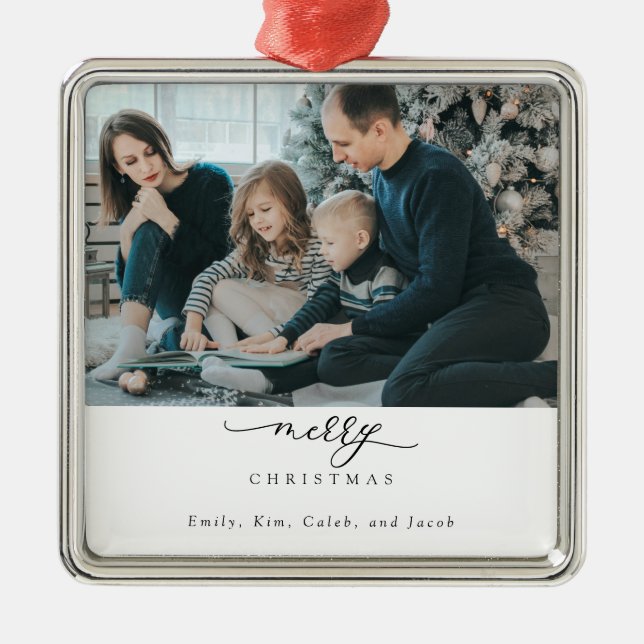 Merry Christmas Script Photo Modern Chic Minimal Metal Tree Decoration (Front)