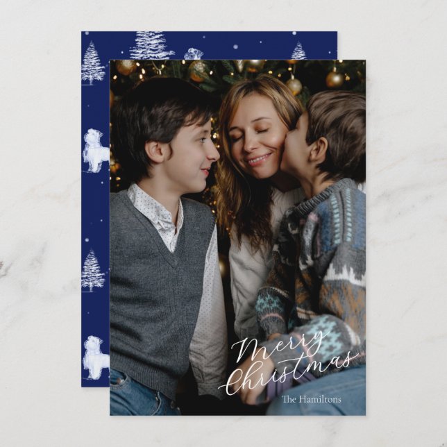 Merry Christmas Script Photo Navy Toile Holiday Card (Front/Back)
