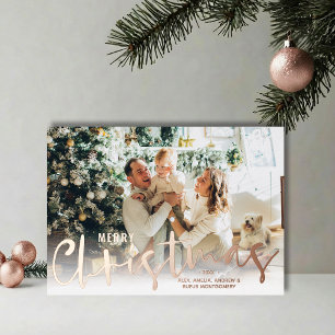 Merry Christmas Script Photo Rose Gold Foil Holiday Card
