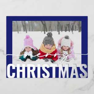Merry Christmas Script Photo Simple Modern Foil Holiday Postcard