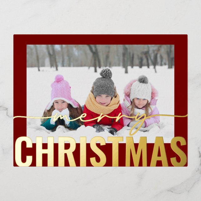 Merry Christmas Script Photo Simple Modern Foil Holiday Postcard (Front)