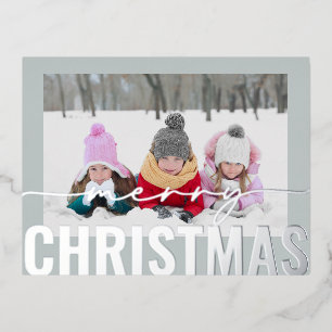 Merry Christmas Script Photo Simple Modern Foil Holiday Postcard
