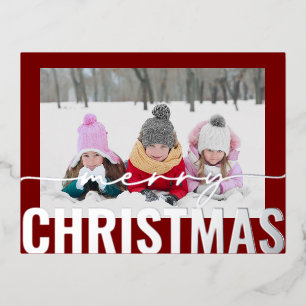 Merry Christmas Script Photo Simple Modern Foil Holiday Postcard
