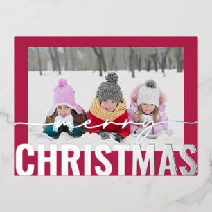 Merry Christmas Script Photo Simple Modern Foil Holiday Postcard