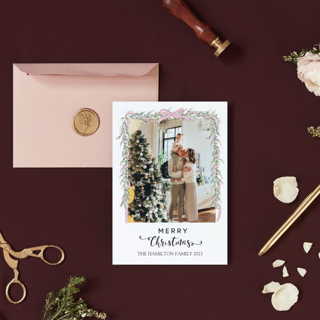 Merry Christmas Script Pink Bow Garland Photo  Holiday Card (Creator Uploaded)