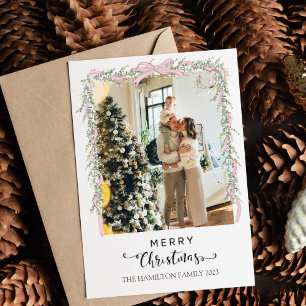 Merry Christmas Script Pink Bow Photo Holiday Card