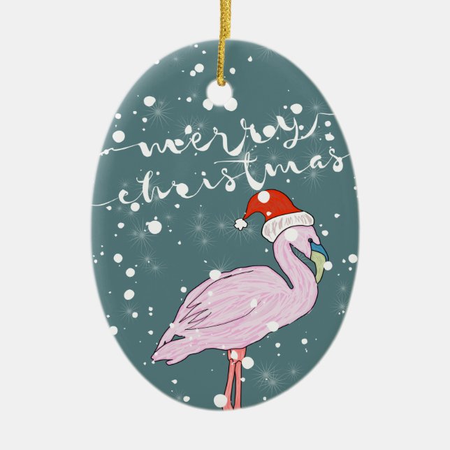 Merry Christmas Script Pink Flamingo Tropical Ceramic Tree Decoration (Front)