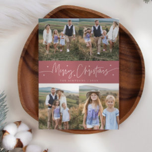 Merry Christmas Script Pink Multi Photo Holiday Card