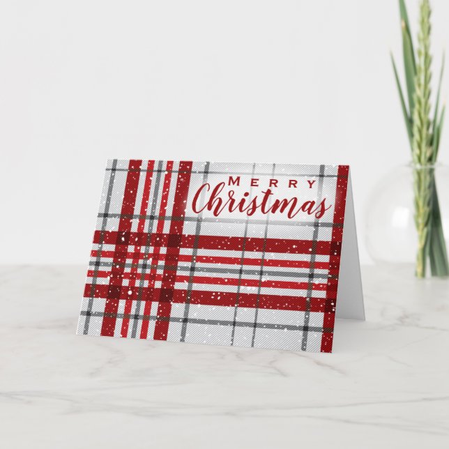 Merry Christmas Script Plaid Red Grey Pattern Holiday Card (Front)