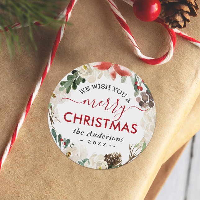 Merry Christmas Script Poinsettia Floral Wreath Classic Round Sticker (Creator Uploaded)