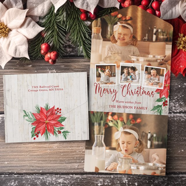 Merry Christmas Script, Poinsettia, Rustic 4-Photo All In One Invitation (Creator Uploaded)