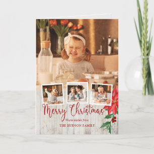 Merry Christmas Script, Poinsettia, Rustic 4-Photo Holiday Card