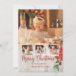 Merry Christmas Script, Poinsettia, Rustic 4-Photo Holiday Card