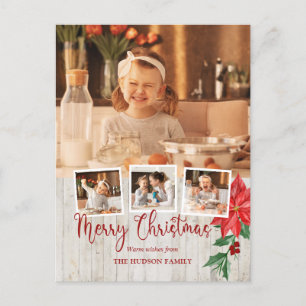 Merry Christmas Script, Poinsettia, Rustic 4-Photo Holiday Postcard