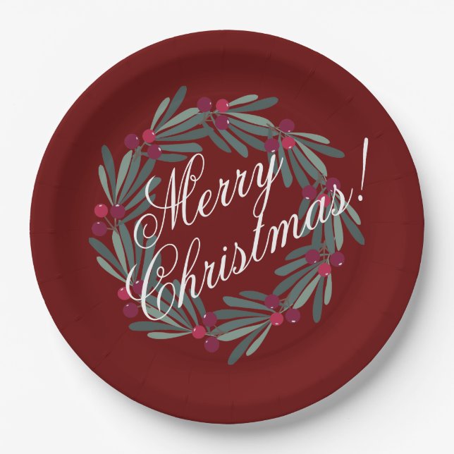 Merry Christmas Script Pretty Festive Red Paper Plate (Front)