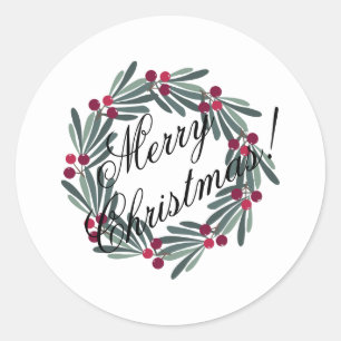 Merry Christmas Script Pretty Festive White Classic Round Sticker