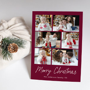 Merry Christmas Script Purple 6 Photo Collage Holiday Card
