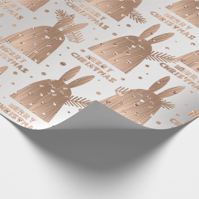 Merry Christmas Script Rabbit Grey Rose Gold Fancy Wrapping Paper (Corner)