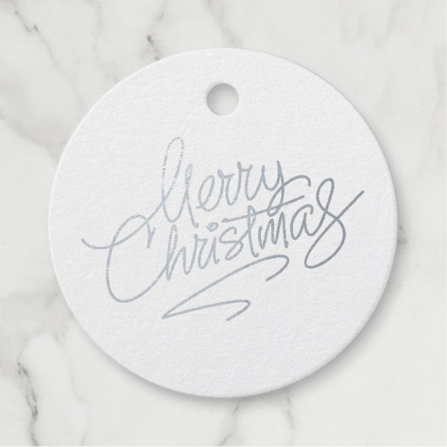Merry Christmas Script Real Silver Foil Round Gift Favour Tags (Front)