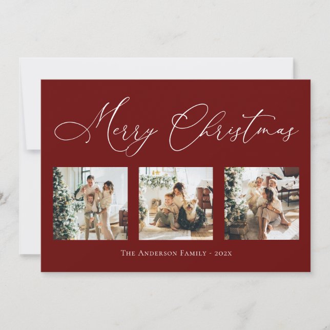Merry Christmas Script Red 2 Multi Photo Collage H Holiday Card (Front)