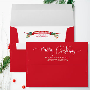 Merry Christmas Script, Red and White, Holiday Envelope