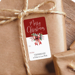 Merry Christmas Script Red Bow TO/FROM Gift Tag