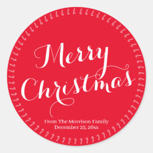 Merry Christmas script red custom family name Classic Round Sticker