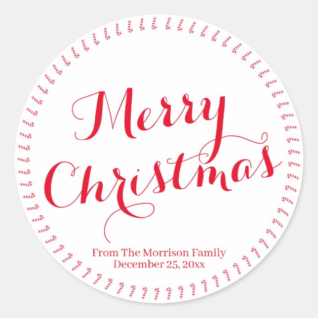 Merry Christmas script red custom family name Classic Round Sticker (Front)