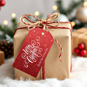 Merry Christmas script red glitter personalised Gift Tags