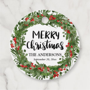 Merry Christmas Script Red Holly Leaves Wreath Favour Tags