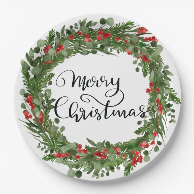 Merry Christmas Script Red Holly Leaves Wreath Paper Plate (Front)