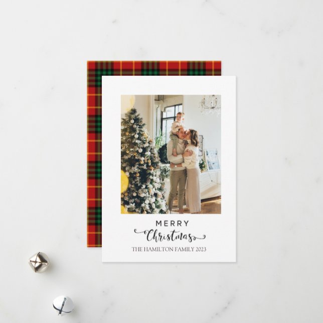 Merry Christmas Script Red Plaid Tartan Photo  Holiday Card (Front/Back In Situ)