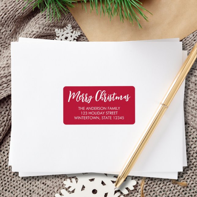 Merry Christmas Script Red Return Address Label (Creator Uploaded)