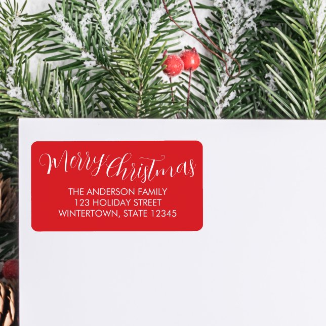 Merry Christmas Script Red Return Address Label (Creator Uploaded)